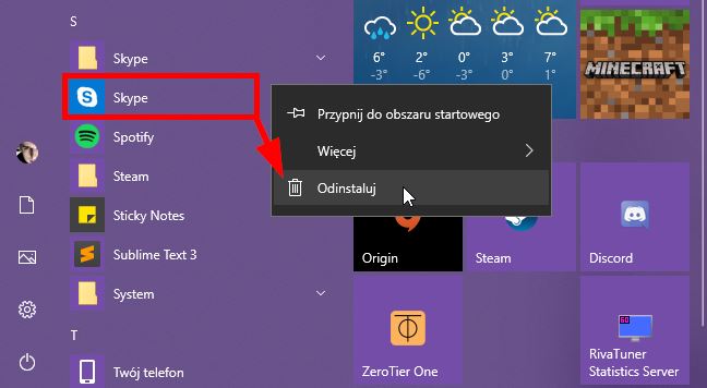 Odinstaluj Skype