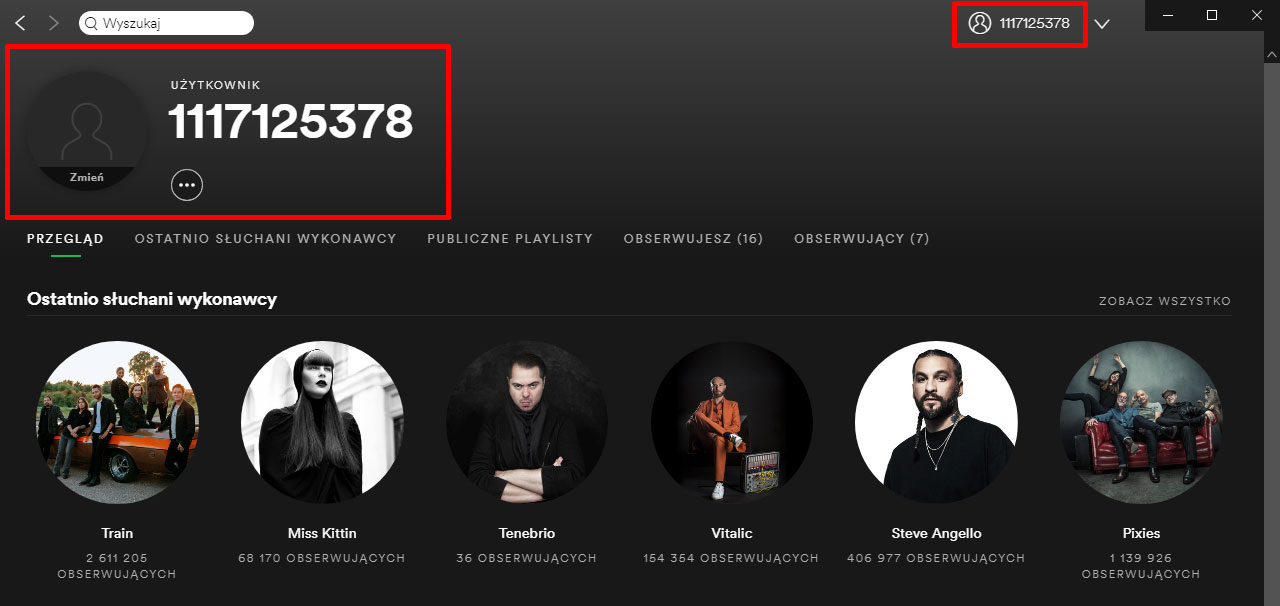 Przykład problemu z numerem zamiast nazwą konta na Spotify