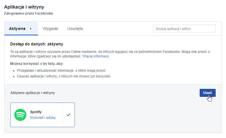 Usuń Spotify z ustawień witryn i aplikacji na Facebooku