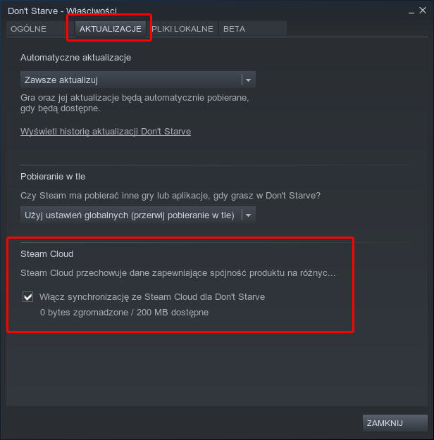 Włącz synchronizację Steam Cloud dla wybranej gry