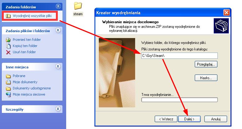 Wypakuj Steama w wybrane miejsce