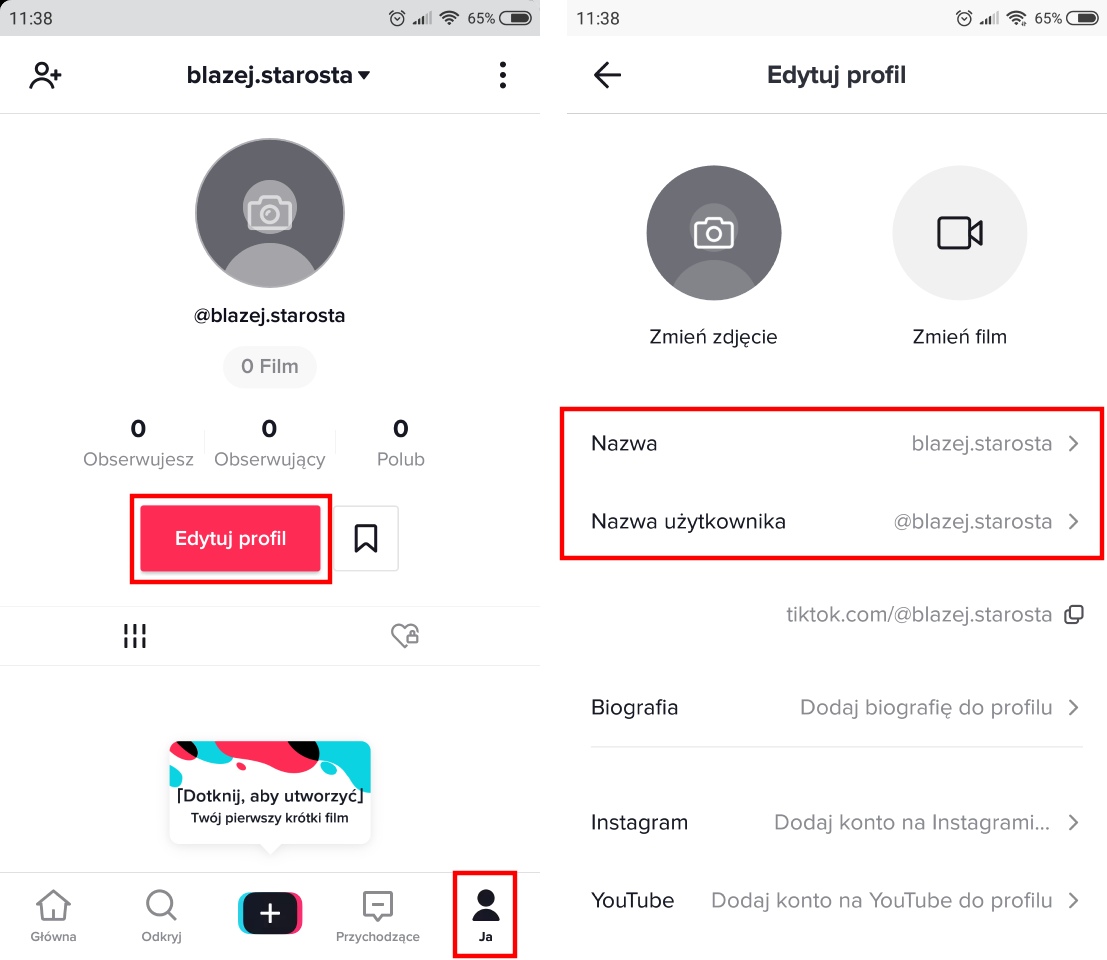 Wejdź do edycji swojego profilu TikTok