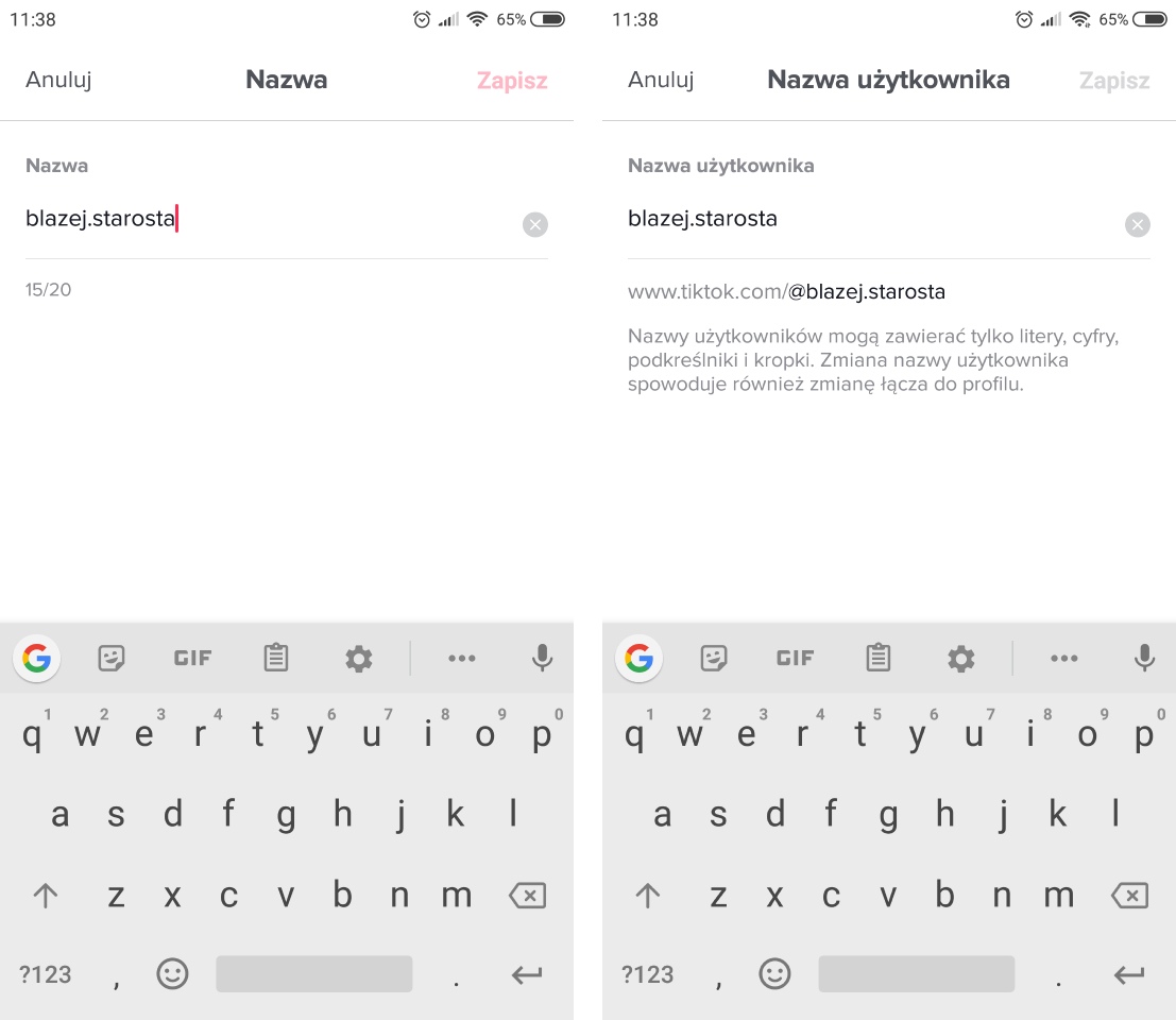 Wprowadź nową nazwę profilu i użytkownika w TikTok