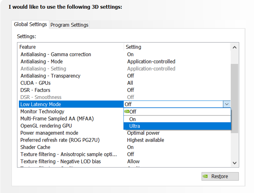 Dostosuj funkcję Low Latency Mode