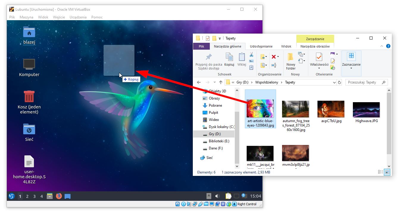 Jak skopiować plik do VirtualBox przez metodę przeciągnij i upuść