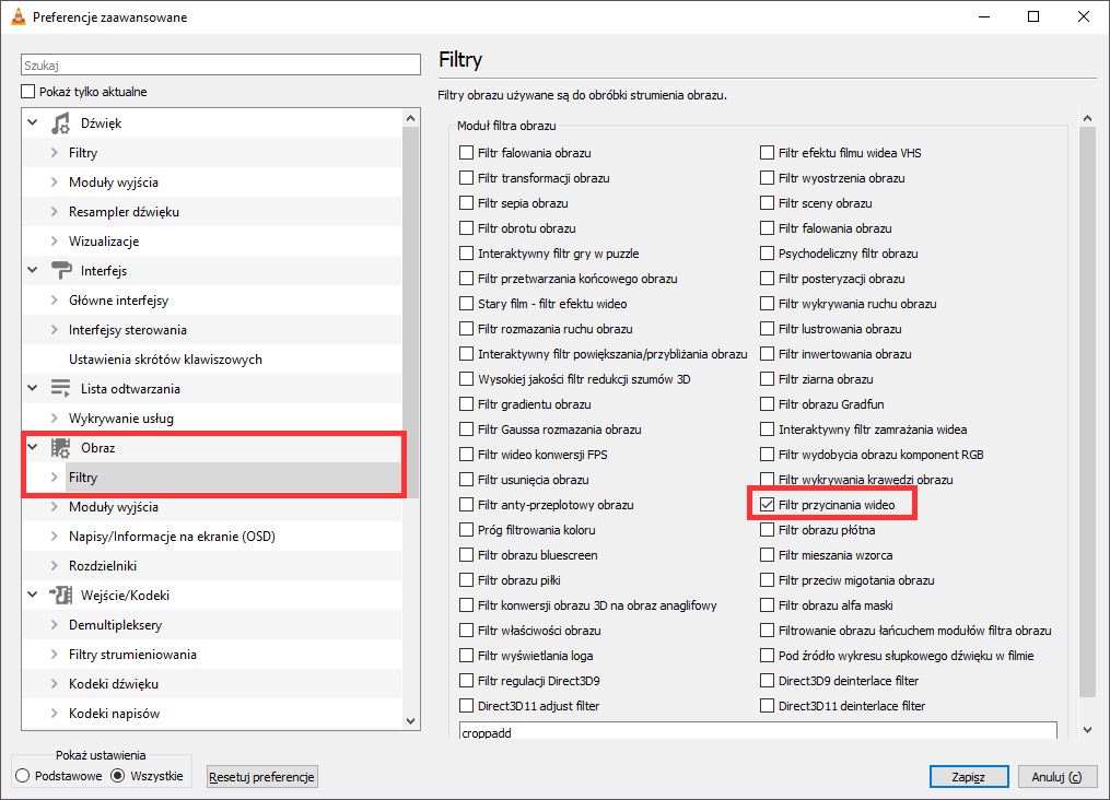 Włącz filtr przycinania wideo w VLC