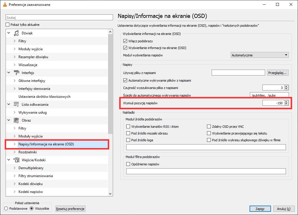 Wymuś pozycję napisów w VLC