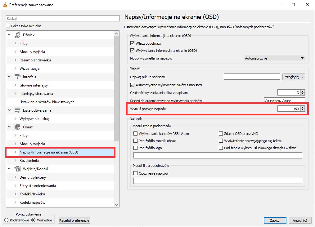 Wymuś pozycję napisów w VLC