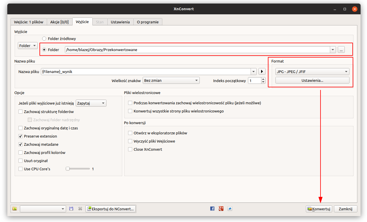 Wybierz folder docelowy i format w XNConvert