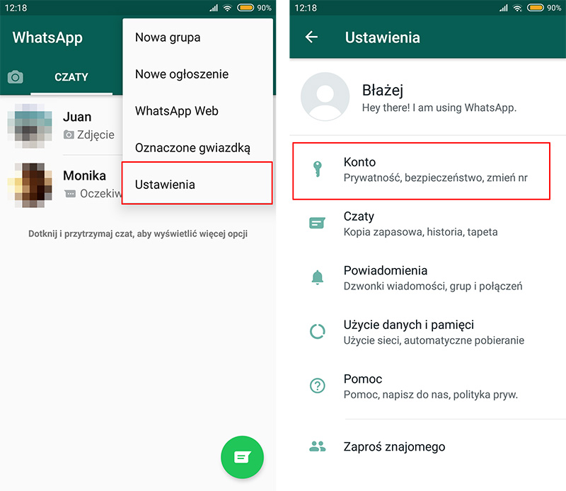 Wejdź do ustawień Whatsapp