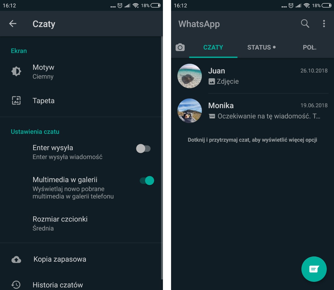 Podgląd trybu ciemnego w Whatsapp