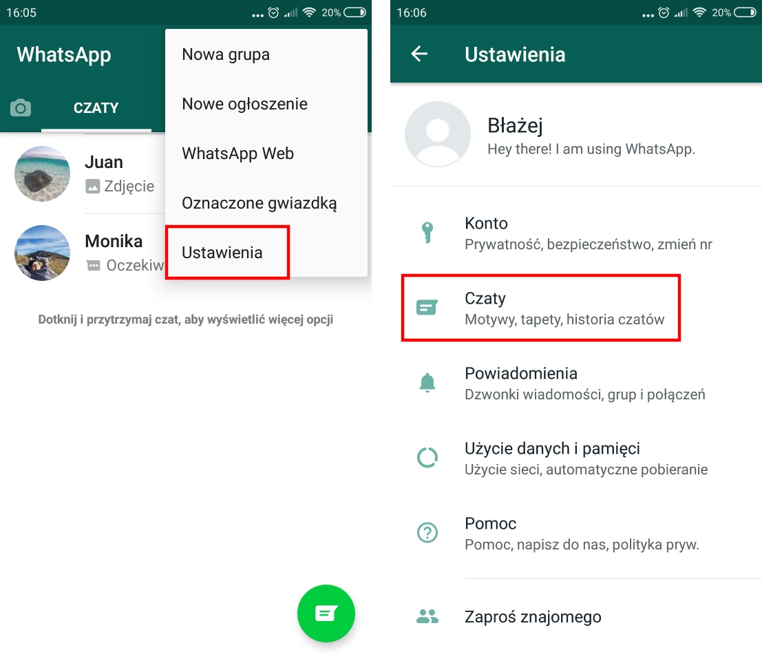 Wejdź do ustawień Whatsapp