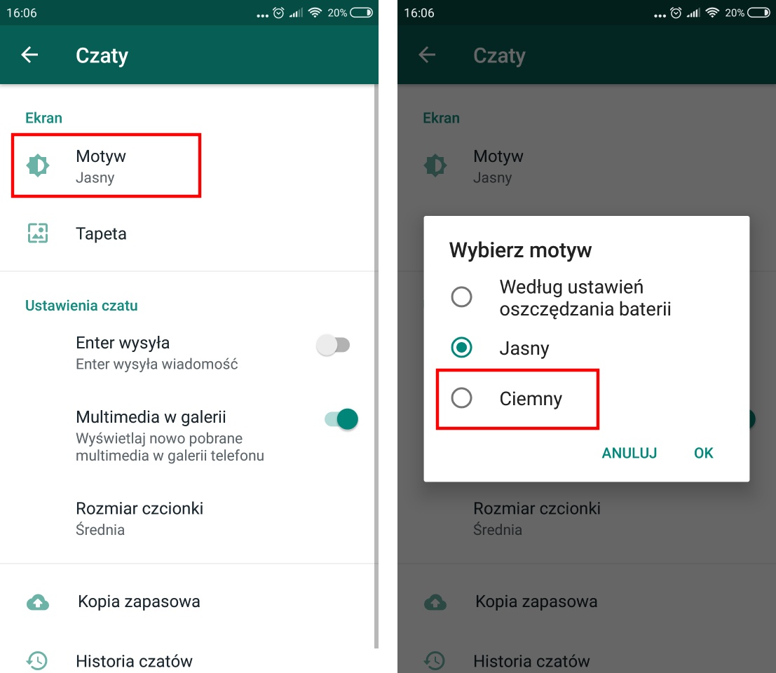Wybierz motyw w Whatsapp