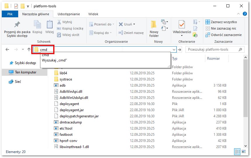 Wywołaj okno Wiersza polecenia w folderze Platform Tools