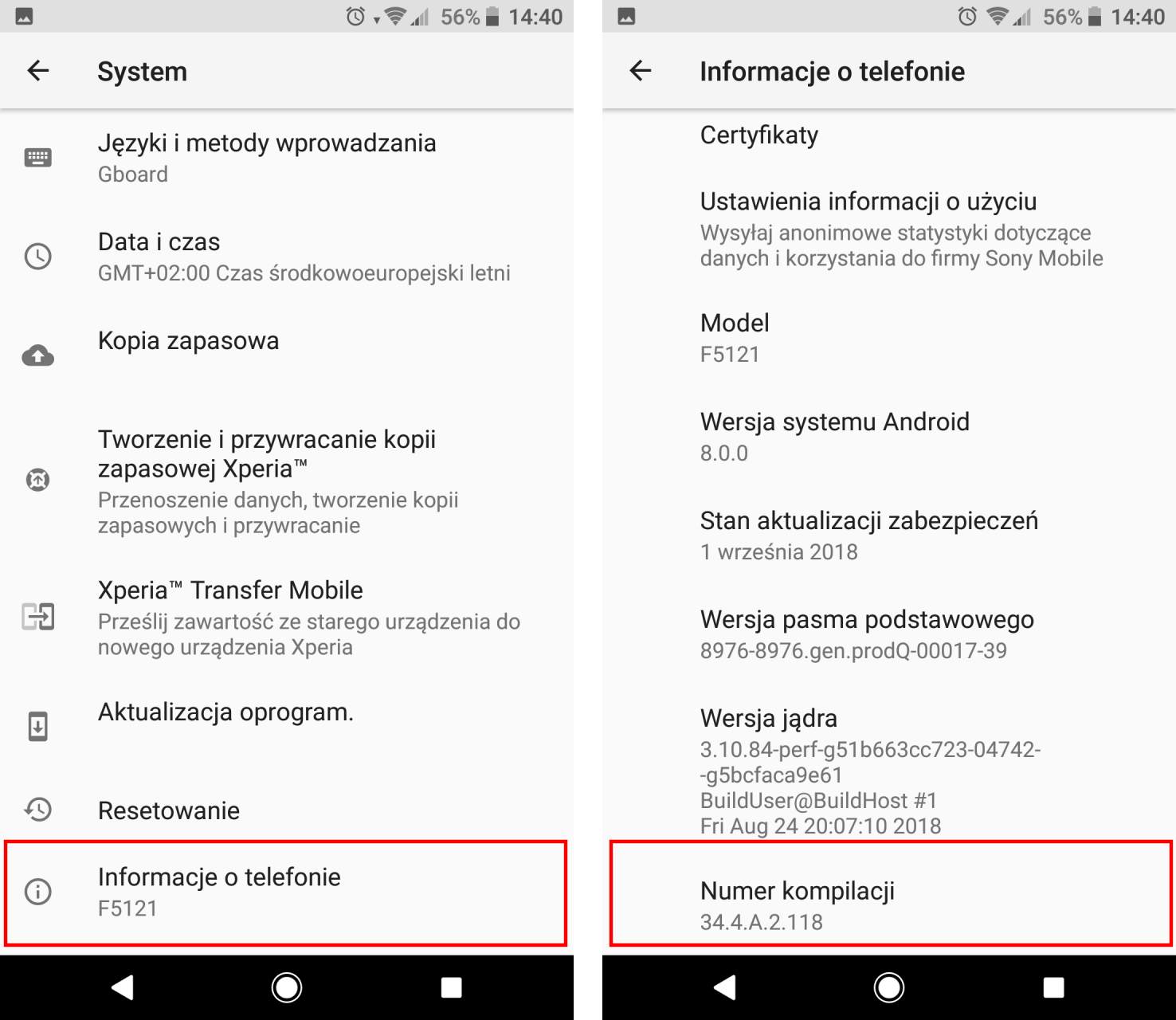 Włącz opcje programistyczne - Xperia