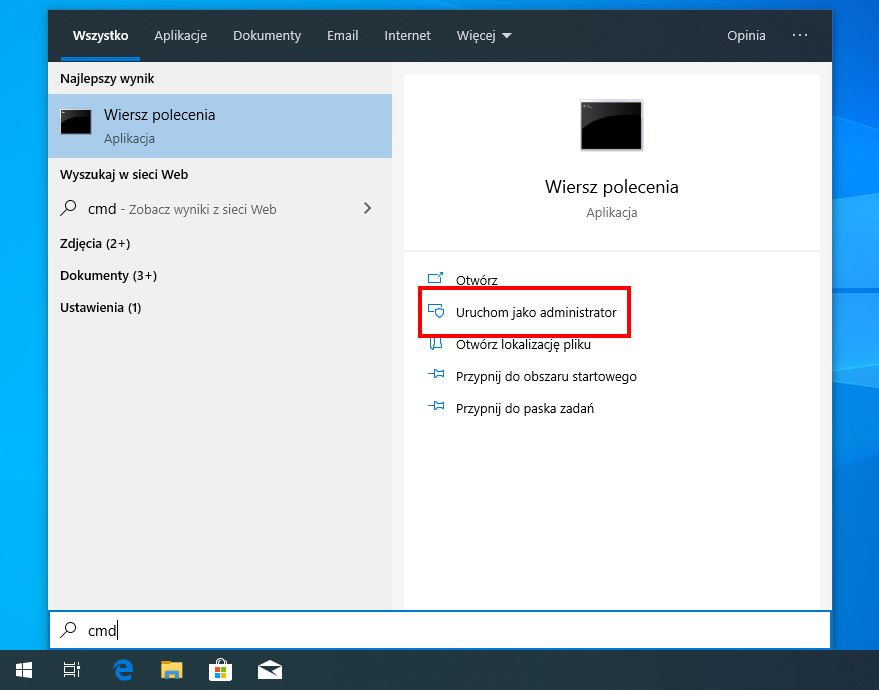 Uruchom Wiersz polecenia jako Administrator