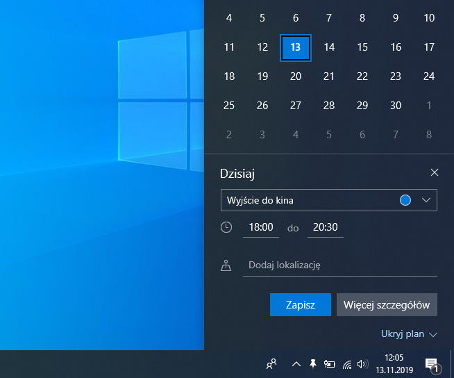 Kalendarz w Windows 10 - dodawanie wydarzenia z Pulpitu