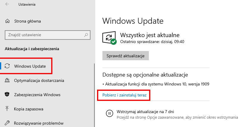 Pobierz aktualizację Windows 10 1909