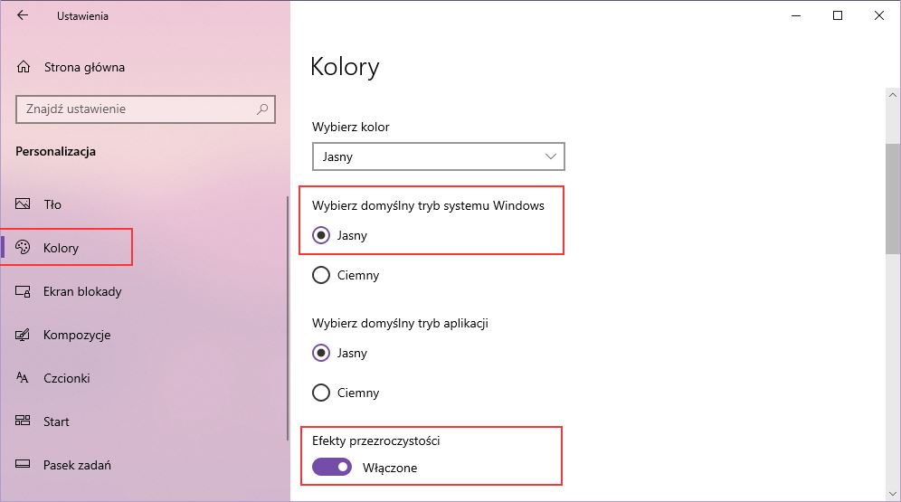 Zmiana motywu na jasny w Windows 10