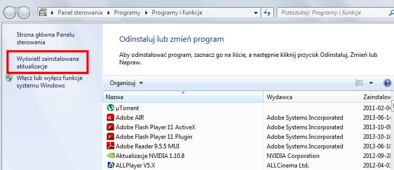 Przejdź do listy aktualizacji w Windows 7