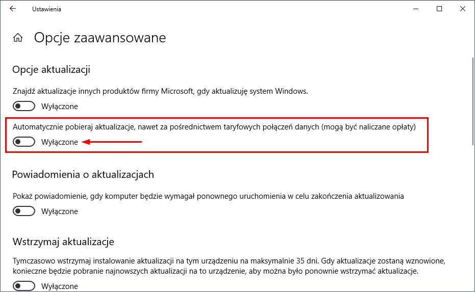 Wyłącz pobieranie aktualizacji na połączeniu taryfowym