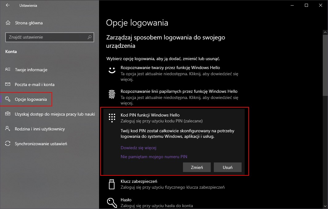 Usuń kod PIN w Windows 10