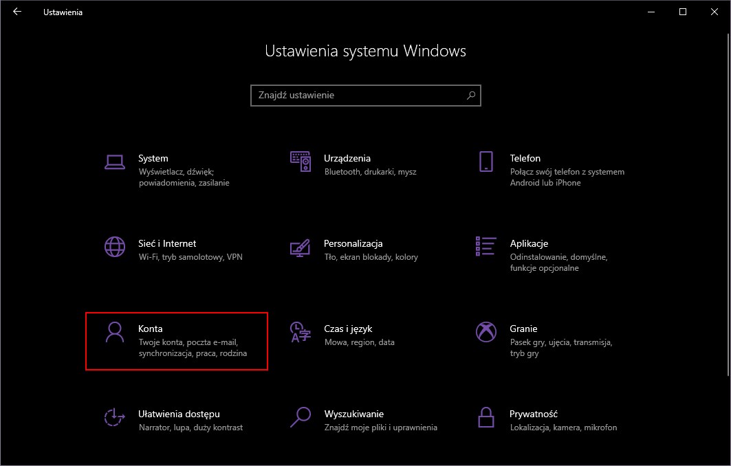 Wejdź do ustawień konta w Windows 10