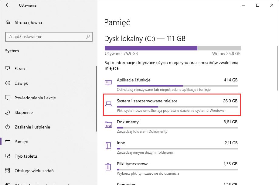 Przejdź do opcji Pamięci w Windows 10