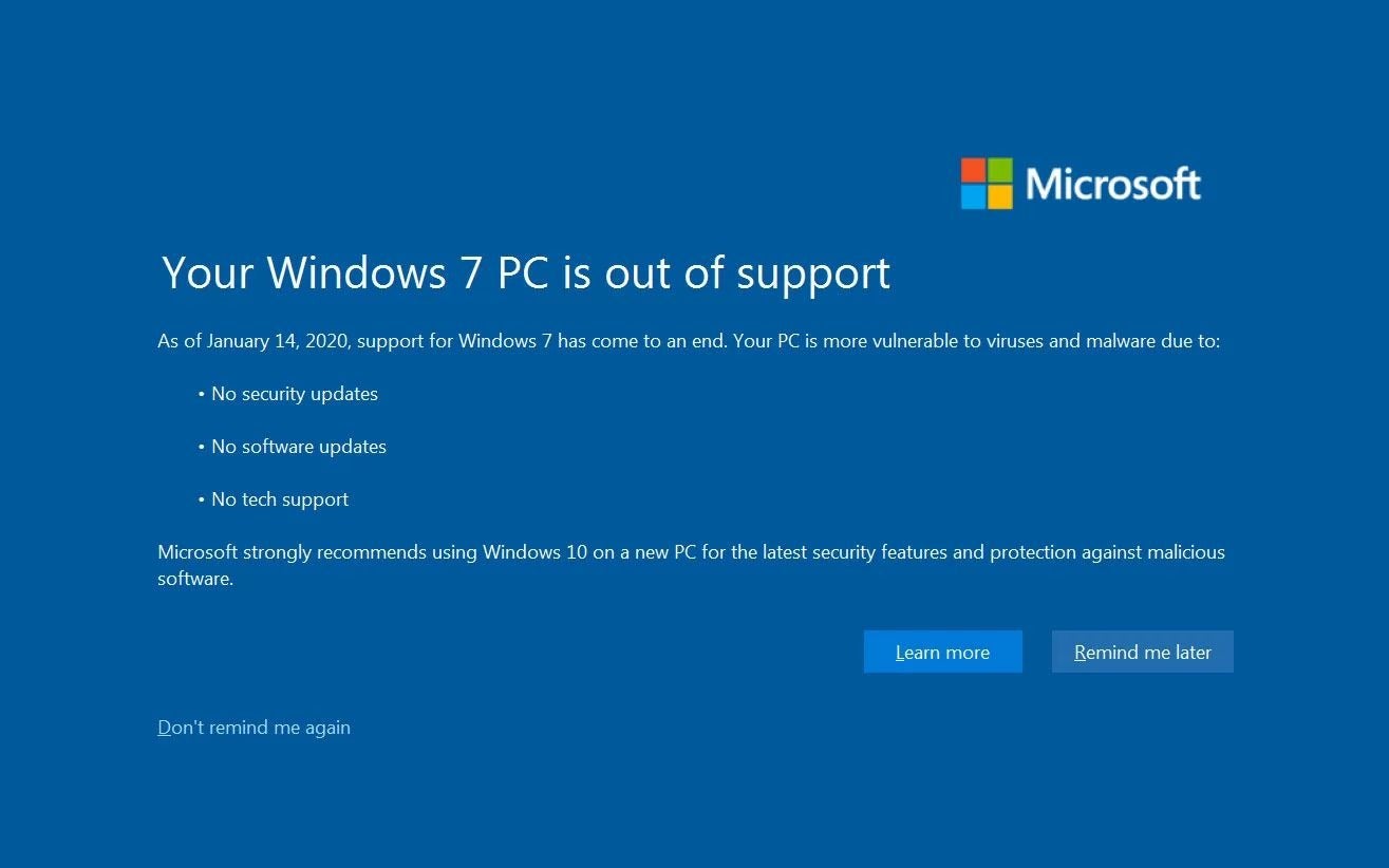 Powiadomienie o końcu wsparcia dla Windows 7