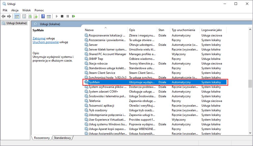 Wyszukaj usługi SysMain