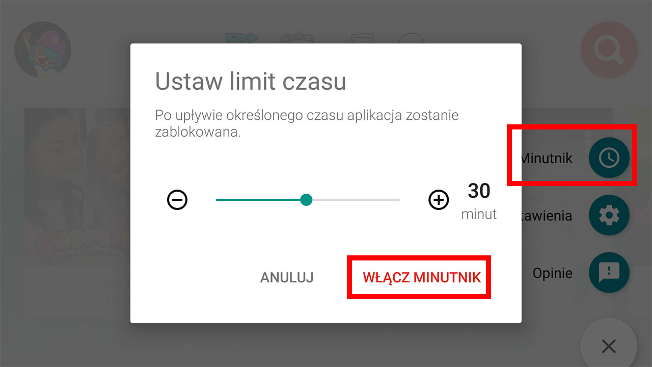 Ustawianie minutnika w YouTube Kids