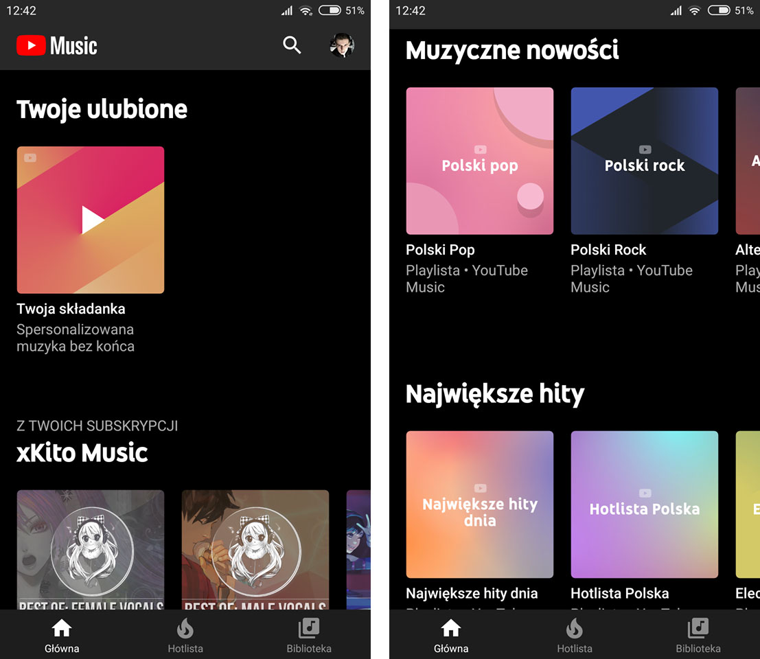 YouTube Music - ekran główny i playlisty