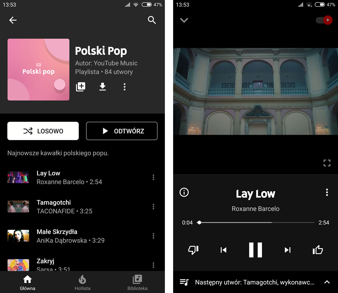 YouTube Music - widok playlisty i odtwarzania