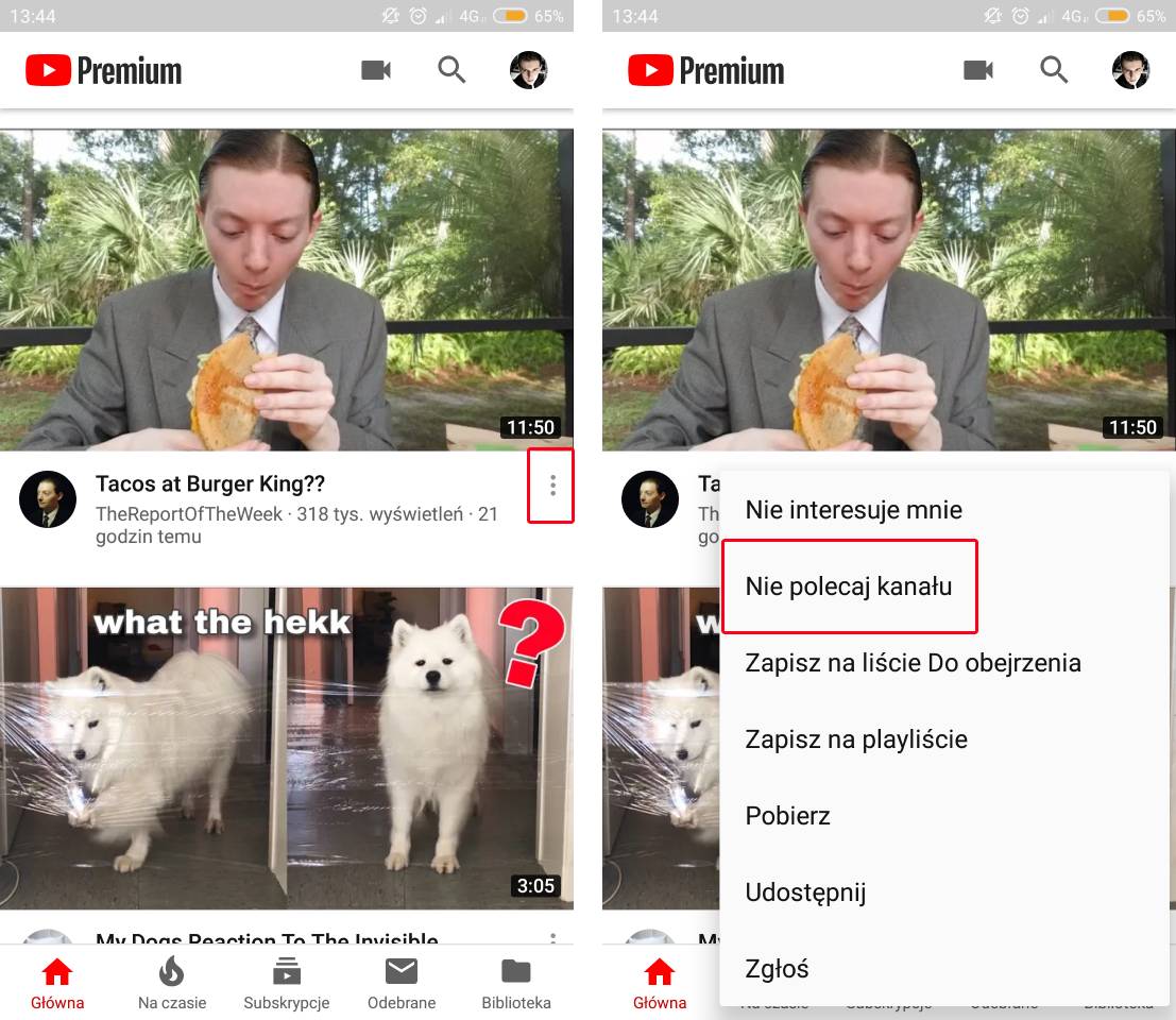 Usuń kanał z listy polecanych - YouTube
