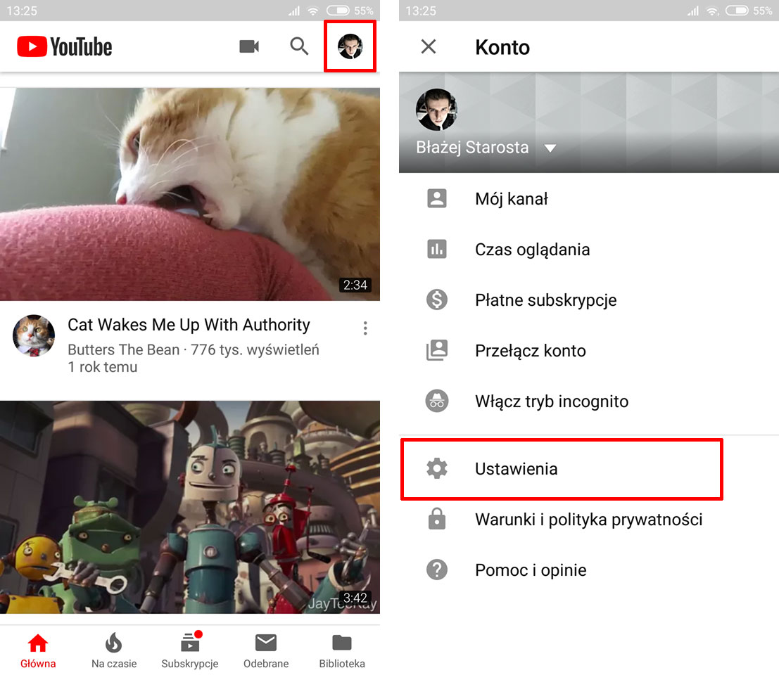 Wejdź do ustawień YouTube