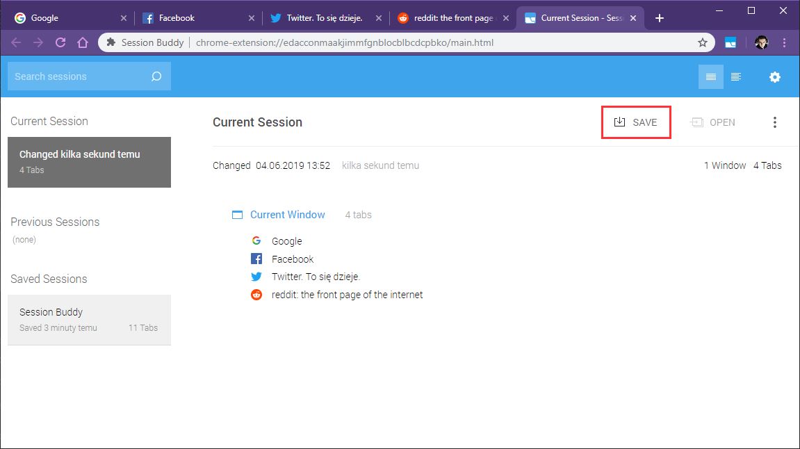 Zapisywanie otwartych kart w Session Buddy