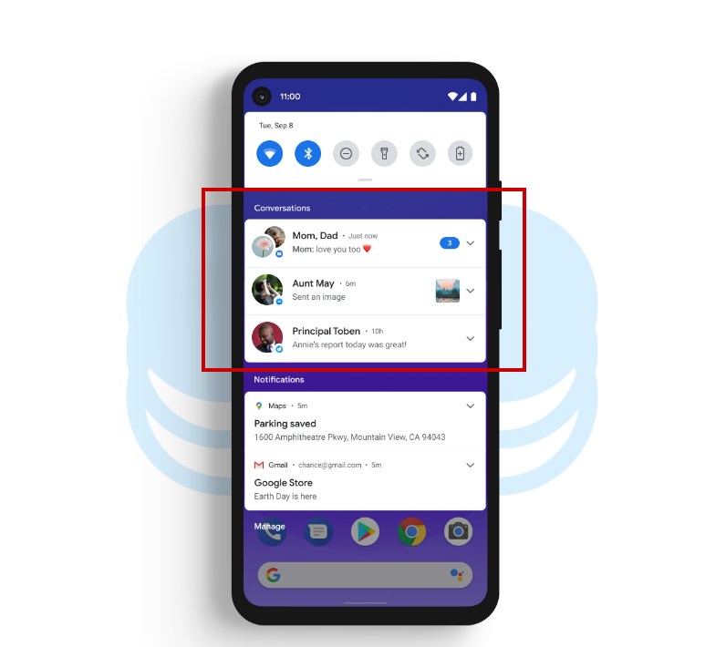 Powiadomienia z czatów na samej górze w Androidzie 11
