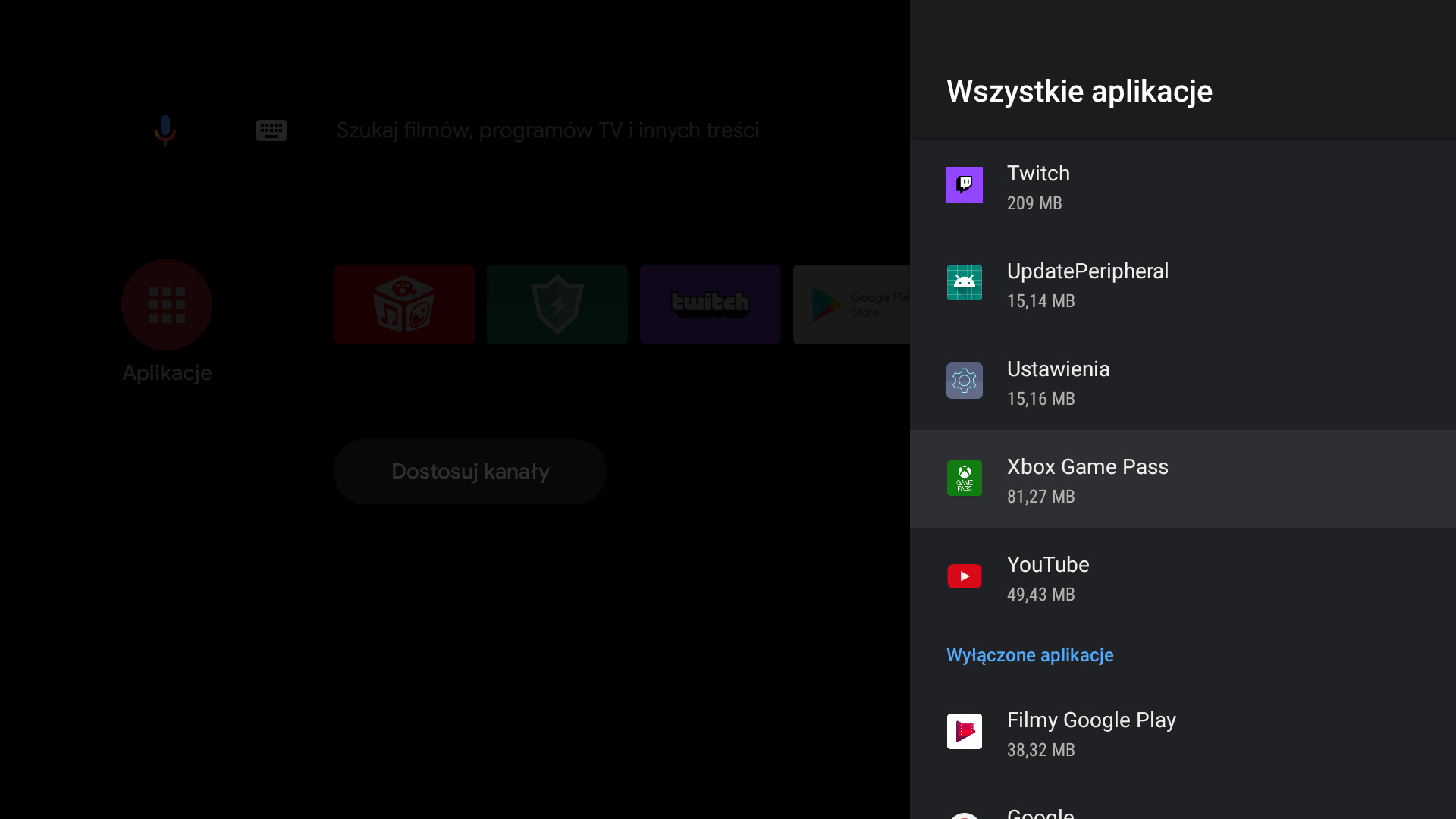 Menu z listą wszystkich aplikacji w Android TV