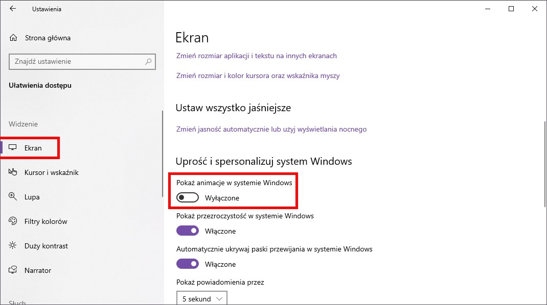 Wyłącz animacje w Windows 10