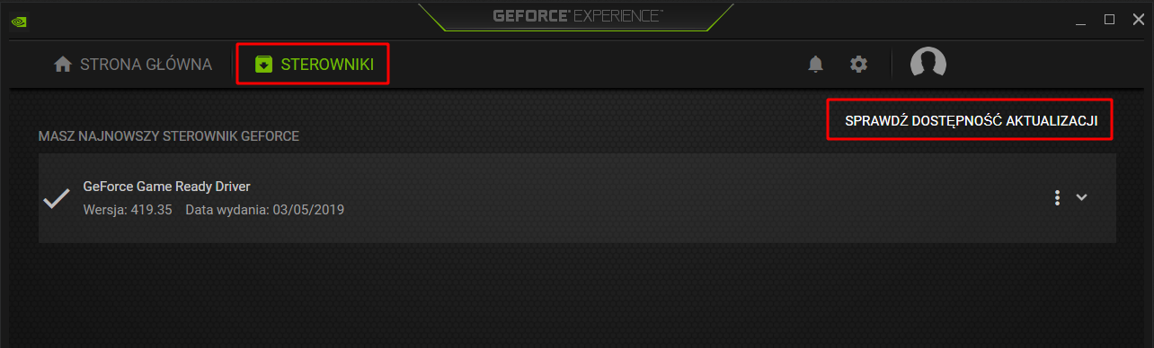 Zaktualizuj sterownik przez GeForce Experience