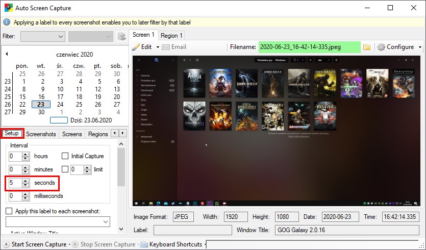 Ustaw odstęp czasowy dla zrzutów ekranu