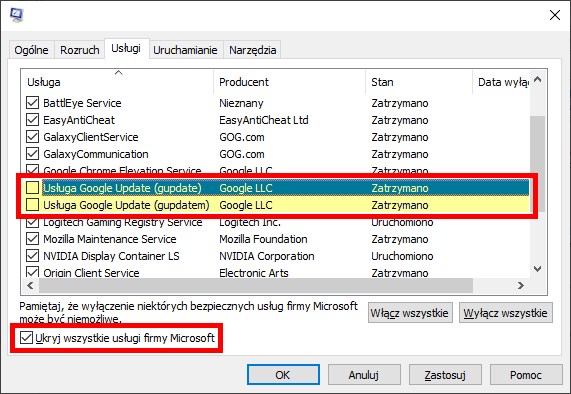 Odznacz usługi Google update