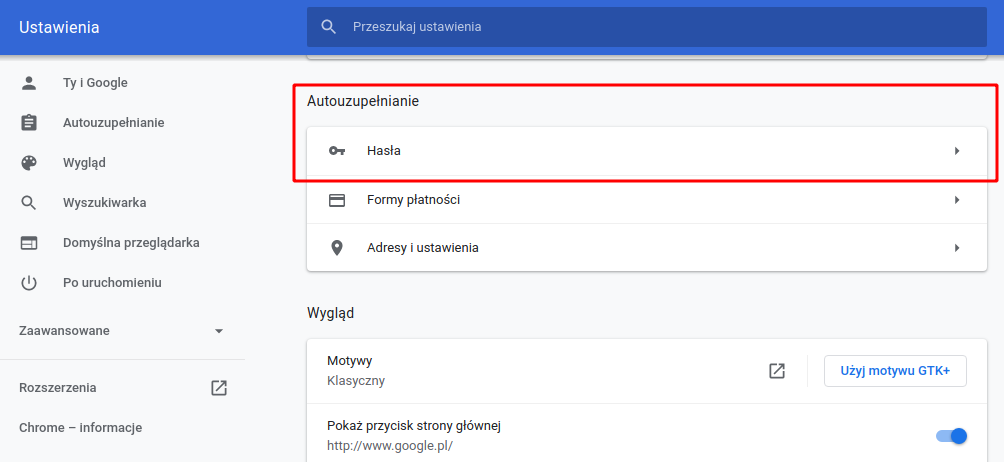 Wejdź do opcji haseł w Chrome