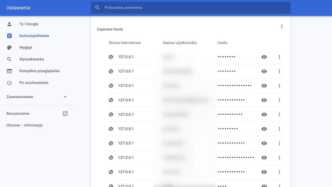 Lista zapisanych haseł w Chrome