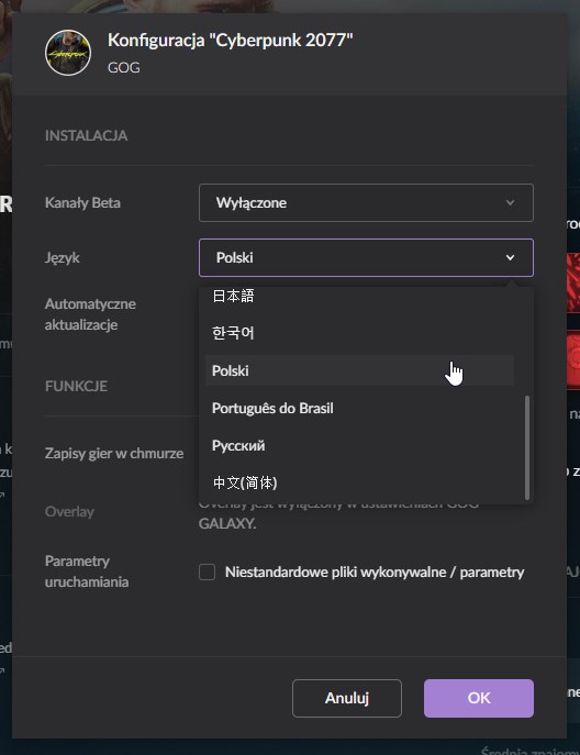 Wybierz język w GOG Galaxy