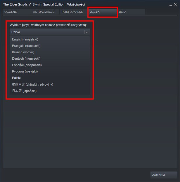 Zmień język na Steam