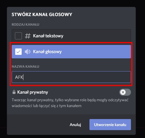 Stwórz nowy kanał AFK