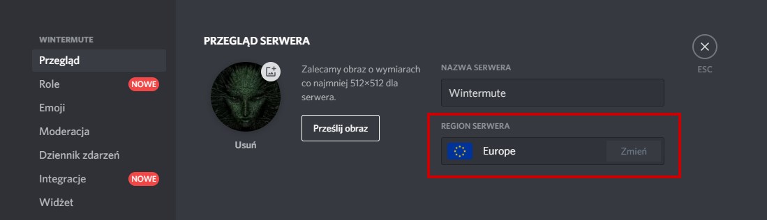 Ustaw inny region na serwerze Discord