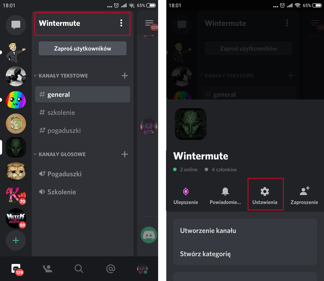 Wejdź do ustawień serwera Discord w aplikacji mobilnej