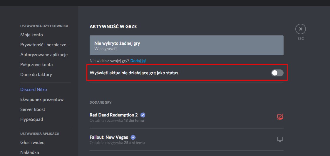 Odznacz opcję wyświetlania aktualnej gry w statusie Discord